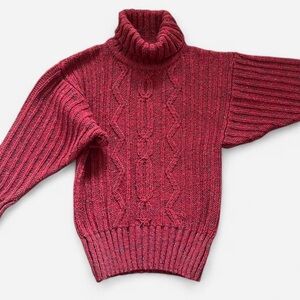 VTG Donegal Woollen 100% Pure Wool Turtleneck Cable Knit Sweater Puff Sleeve